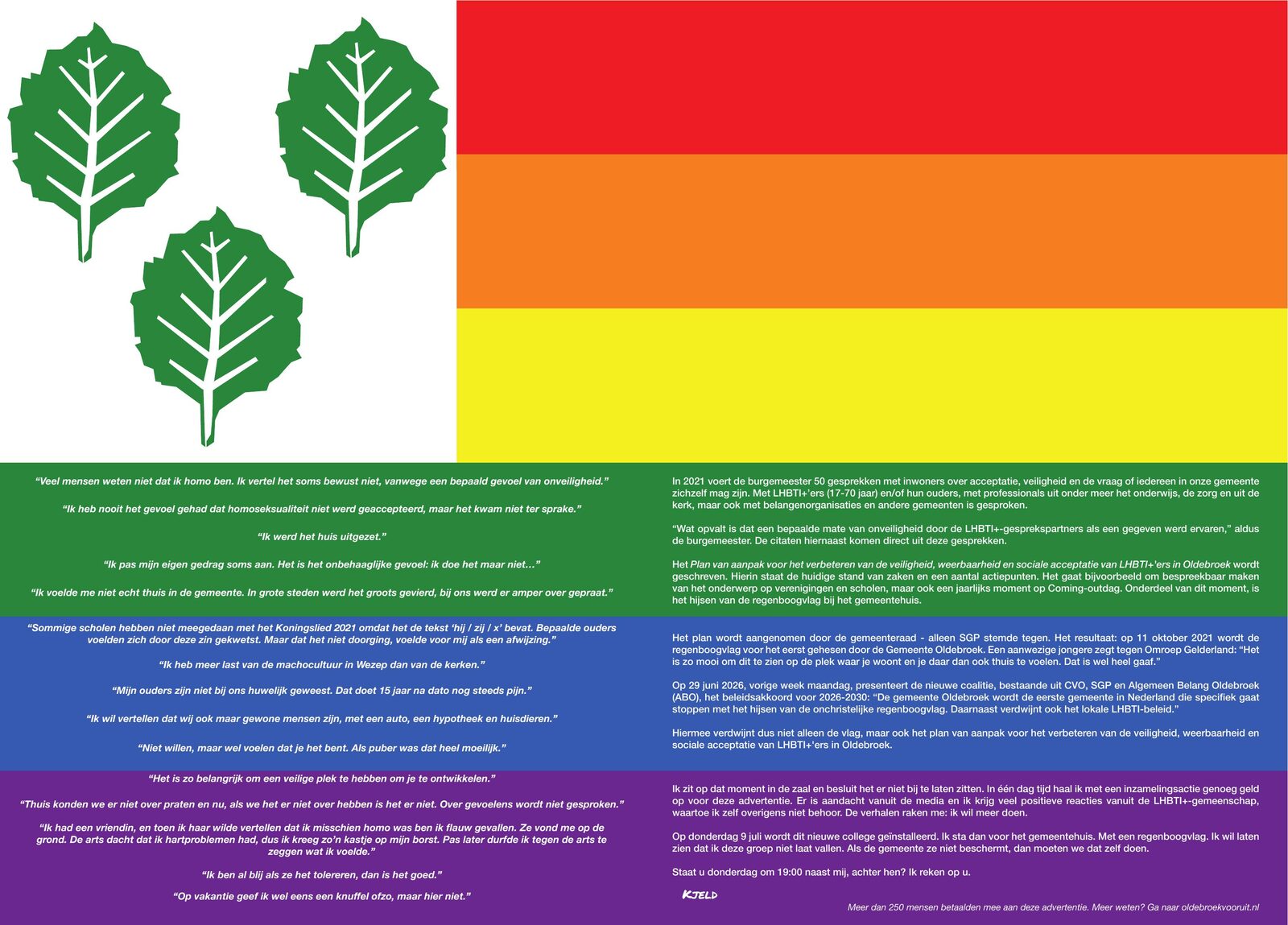 De paginagrote regenboogadvertentie over twee pagina's in de Huis aan Huis Oldebroek