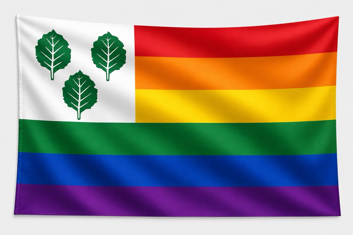 De vlag van Oldebroek in regenboogkleuren, met de drie bladeren uit het gemeentewapen